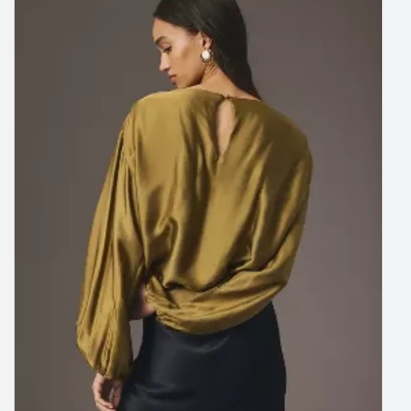 NWOT Anthropologie Balloon Sleeve Silky Blouse Olive Green Keyhole Back XL - Picture 3 of 12